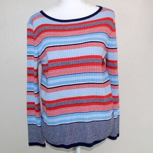 Halogen Woman's Stripped Ribbed Knit Pullover Sweater Top - Size Medium